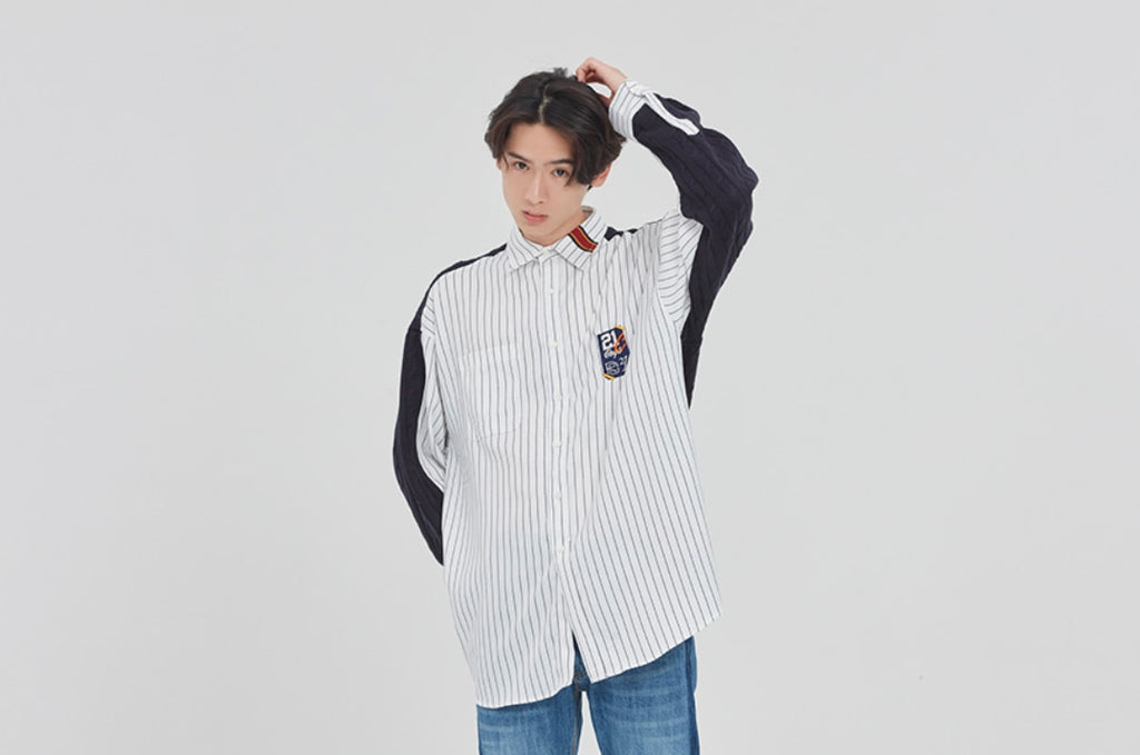 ロマンティッククラウン(ROMANTIC CROWN)STRIPED REVERSE KNIT SHIRT_WHITE