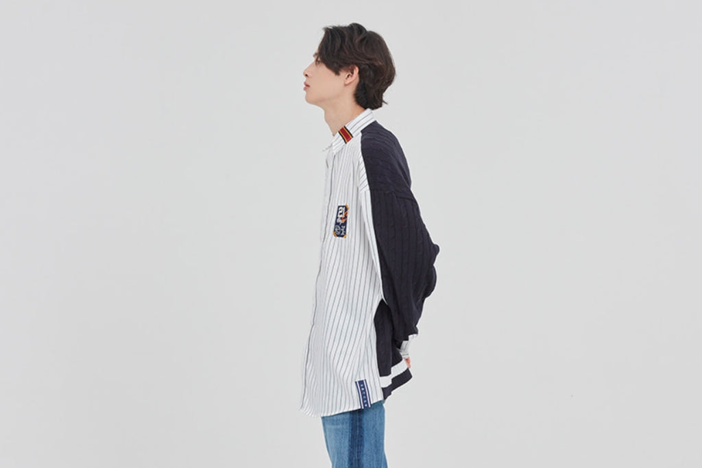 ロマンティッククラウン(ROMANTIC CROWN)STRIPED REVERSE KNIT SHIRT_WHITE