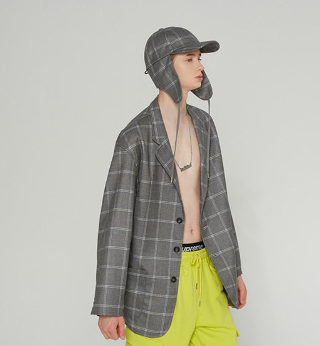 ベドインベド(BADINBAD) 3 BUTTON CHECK JACKET_GREY
