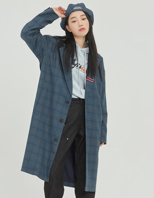 ロマンティッククラウン(ROMANTIC CROWN) FRIDAY THREE BUTTON CHECK COAT_BLUE