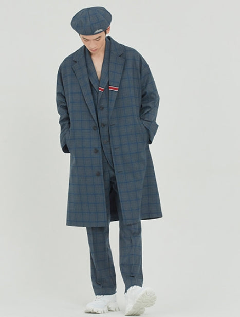 ロマンティッククラウン(ROMANTIC CROWN) FRIDAY THREE BUTTON CHECK COAT_BLUE