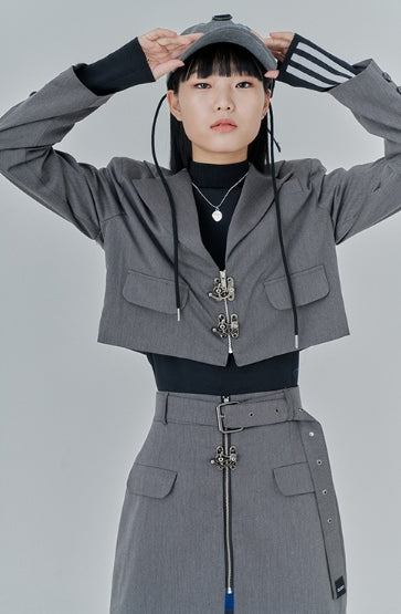 オージーオーディー(OZOD) CROP BLAZER_gray