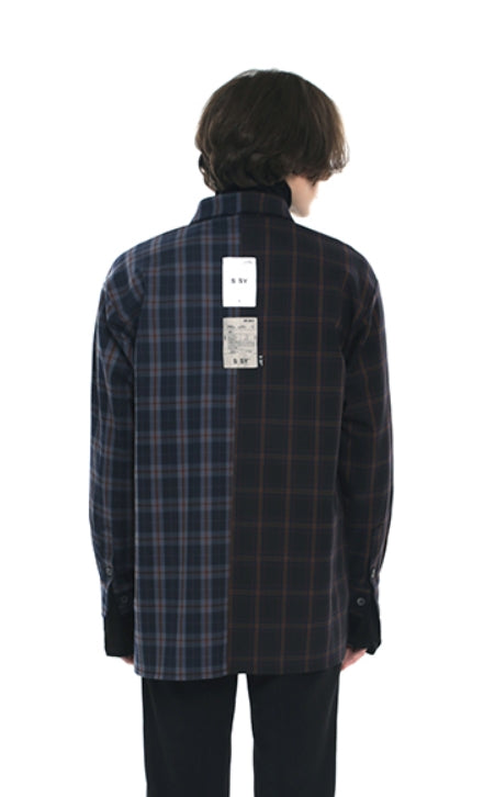 SSY(エスエスワイ)  premium check half & half shirt dark navy