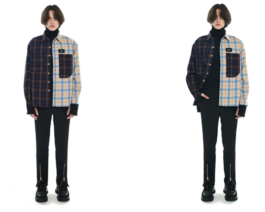 SSY(エスエスワイ)  premium check half & half shirt light beige