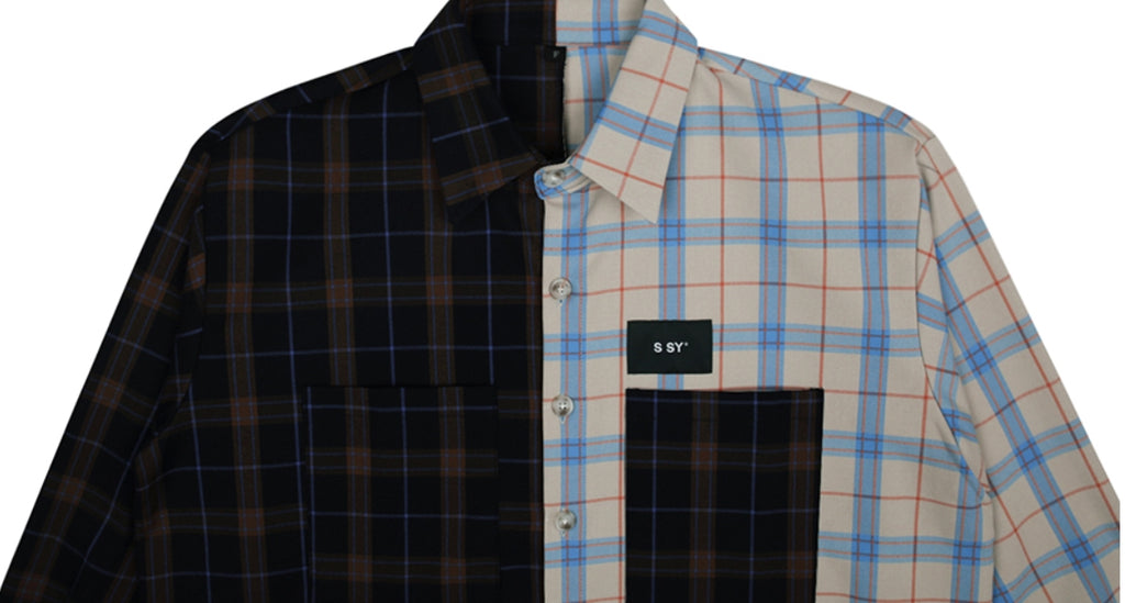 SSY(エスエスワイ)  premium check half & half shirt light beige