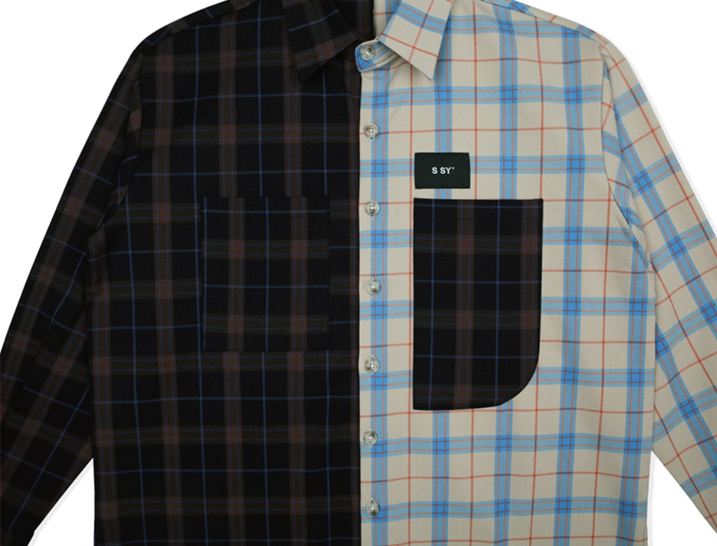 SSY(エスエスワイ)  premium check half & half shirt light beige