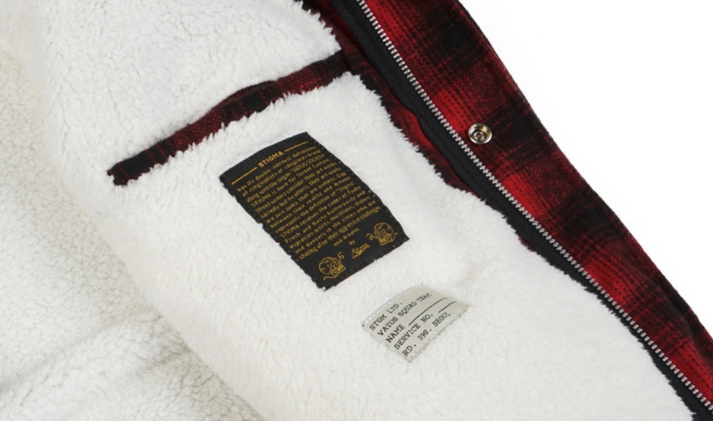 STIGMA(スティグマ)  WORLD OVERSIZED WOOL CHECK VELBOA COAT RED