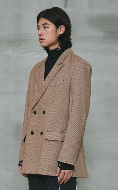 オーワイ(OY) 	OVERSIZE CHECK DOUBLE BLAZER-BROWN