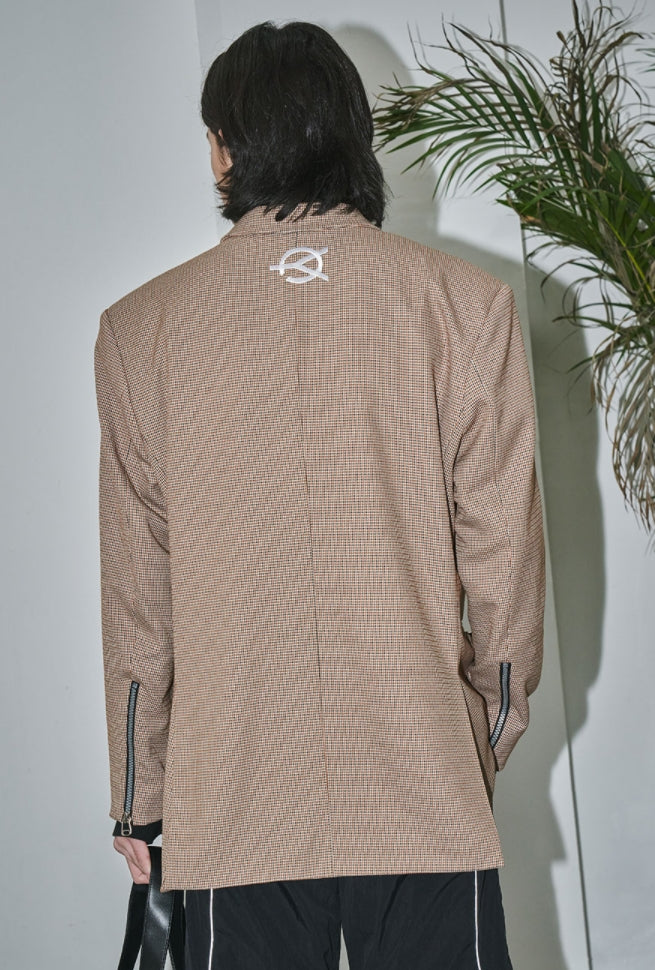 オーワイ(OY) 	OVERSIZE CHECK DOUBLE BLAZER-BROWN
