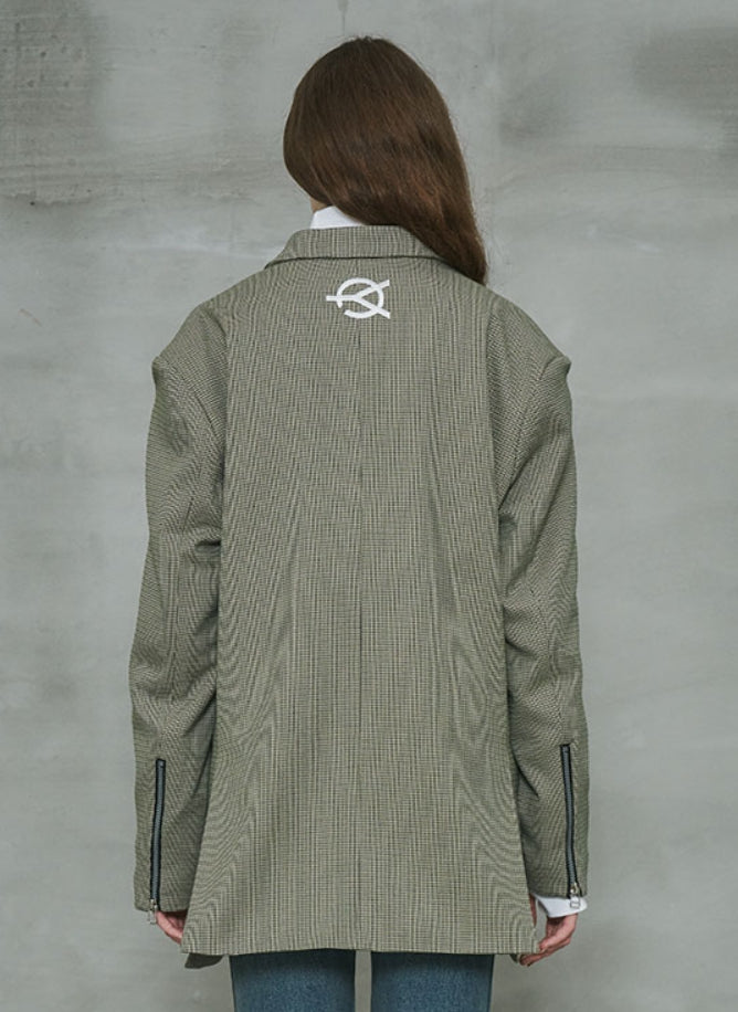 オーワイ(OY) 	OVERSIZE CHECK DOUBLE BLAZER-OLIVE GREEN