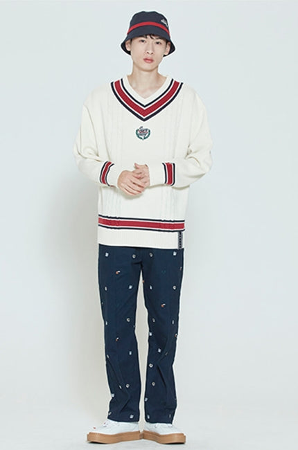 ロマンティッククラウン(ROMANTIC CROWN) SUNDAY SYNDROME CLASSIC V NECK KNITWEAR_OATMEAL
