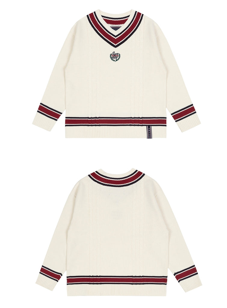 ロマンティッククラウン(ROMANTIC CROWN) SUNDAY SYNDROME CLASSIC V NECK KNITWEAR_OATMEAL
