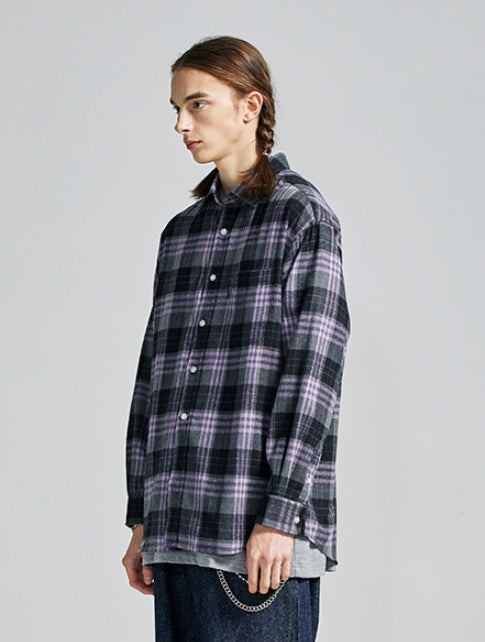セイントペイン(SAINTPAIN)  SP Loose Fit Panel Check Shirts-Purple