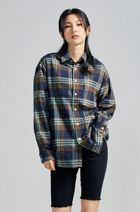 セイントペイン(SAINTPAIN)  SP Loose Fit Panel Check Shirts-Mint Brown