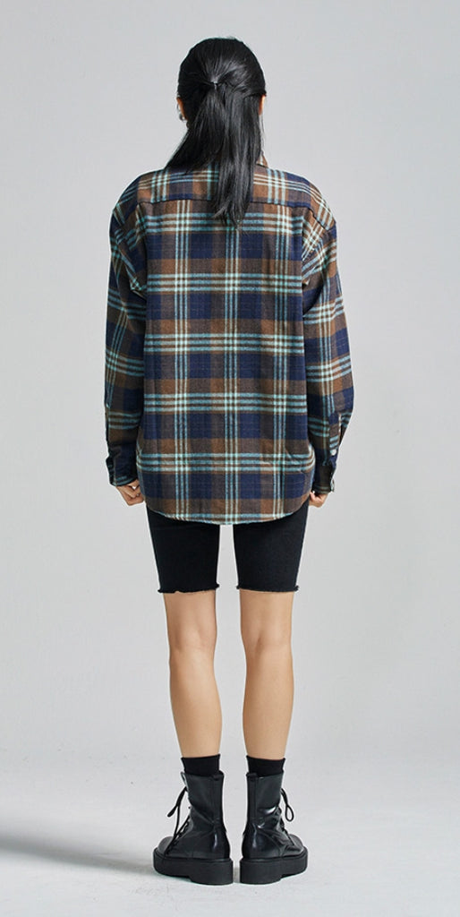 セイントペイン(SAINTPAIN)  SP Loose Fit Panel Check Shirts-Mint Brown