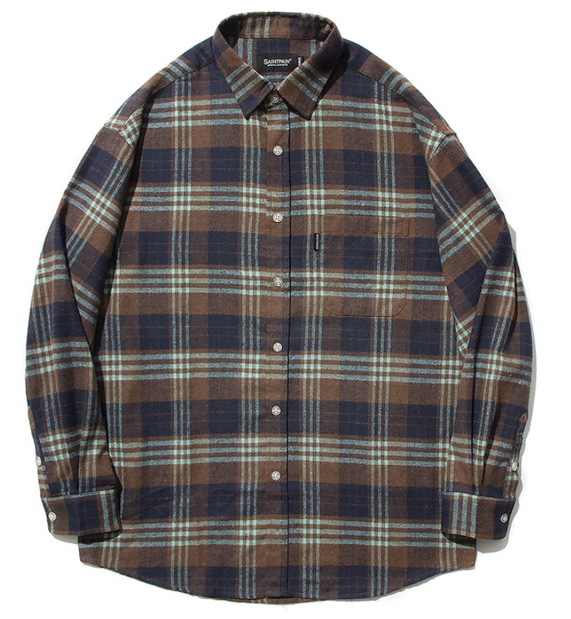 セイントペイン(SAINTPAIN)  SP Loose Fit Panel Check Shirts-Mint Brown
