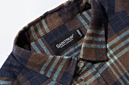 セイントペイン(SAINTPAIN)  SP Loose Fit Panel Check Shirts-Mint Brown
