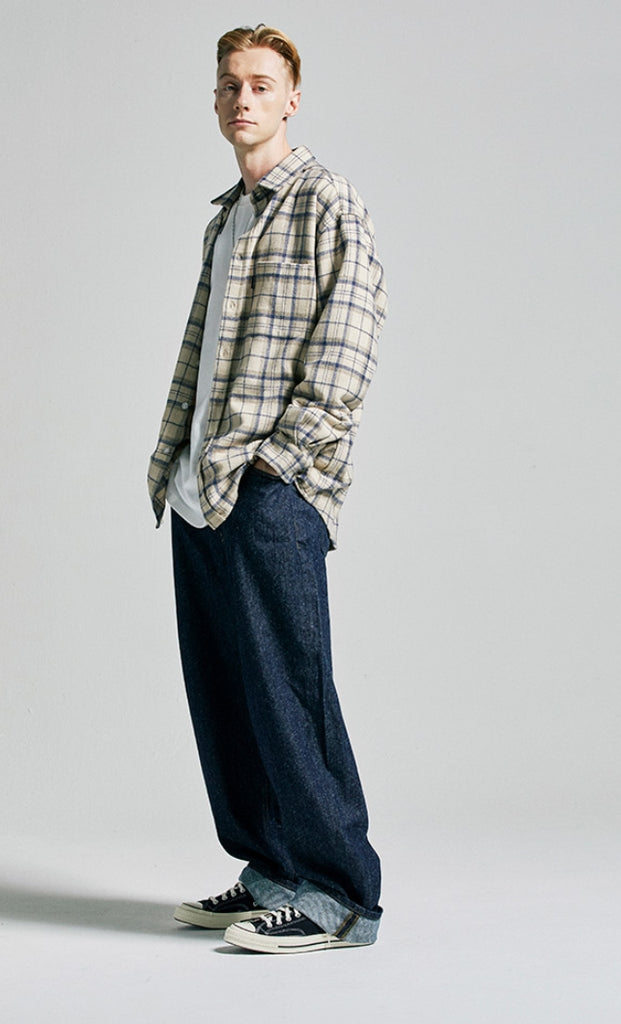 セイントペイン(SAINTPAIN)  SP Loose Fit Muse Check Shirts-Beige