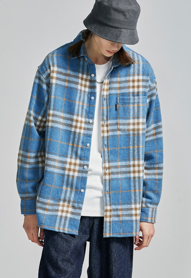 セイントペイン(SAINTPAIN) SP Loose Fit Wide Check Shirts-Blue