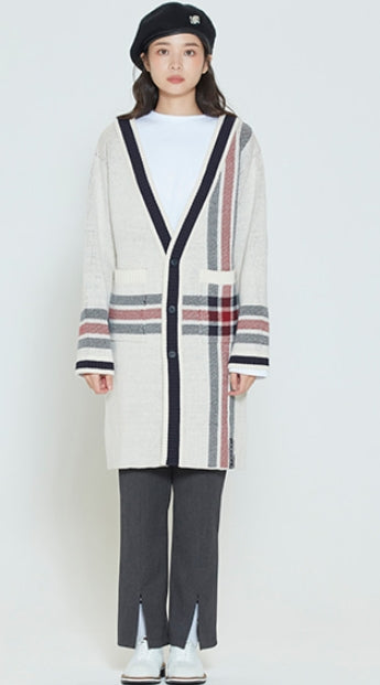 ロマンティッククラウン(ROMANTIC CROWN) CHECK KNITTED LONG CARDIGAN_OATMEAL