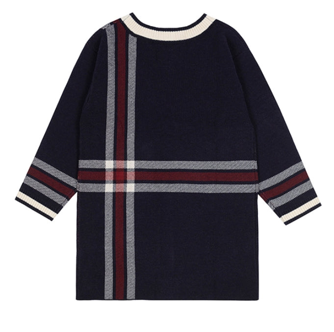 ロマンティッククラウン(ROMANTIC CROWN) CHECK KNITTED LONG CARDIGAN_NAVY