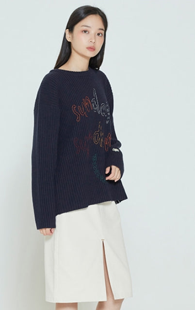 ロマンティッククラウン(ROMANTIC CROWN) SUNDAY SYNDROME SCRIBBLE LOGO KNITWEAR_NAVY