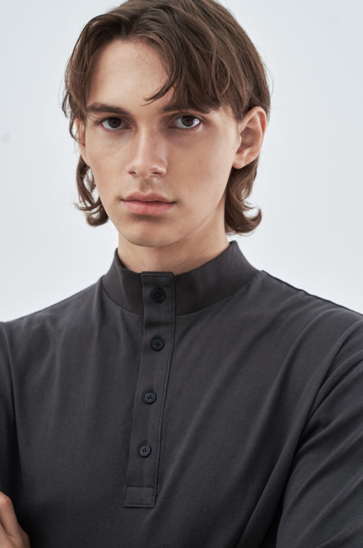 SSY(エスエスワイ) BUTTON UP HALF NECK LONG SLEEVE CHARCOAL