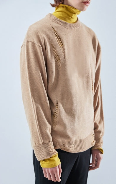 KND(ケイエンド) LOOSE FIT SOFT TOUCH DAMAGED KNIT BEIGE-K
