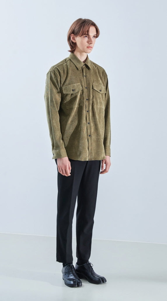 KND(ケイエンド) 2POCKET SOFT LUSTER CORDUROY SHIRT OLIVE GREEN-K