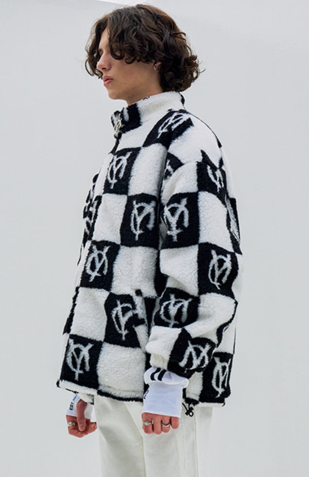 オーワイ(OY) 	CHECK LOGO FLEECE JACKET- BLACK