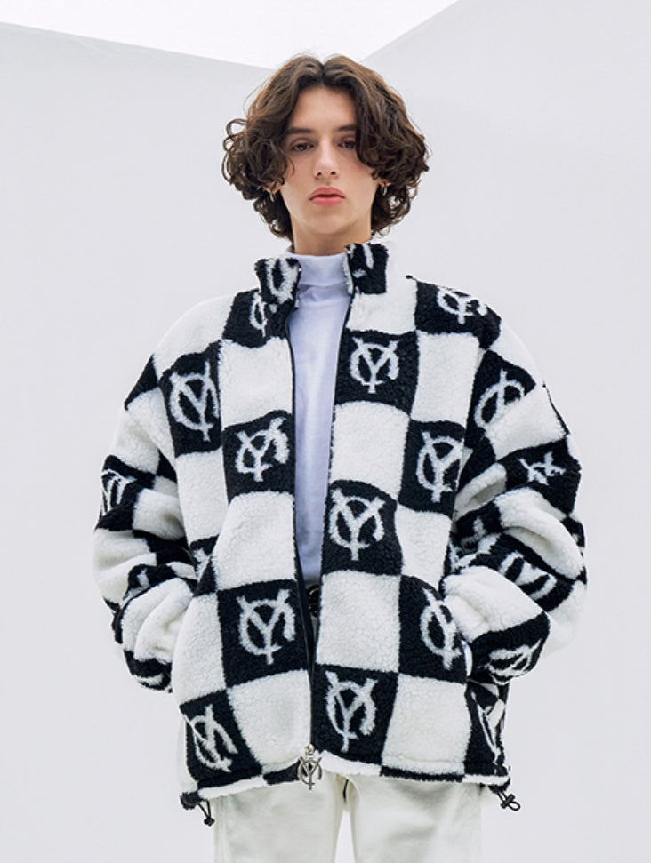 オーワイ(OY) 	CHECK LOGO FLEECE JACKET- BLACK