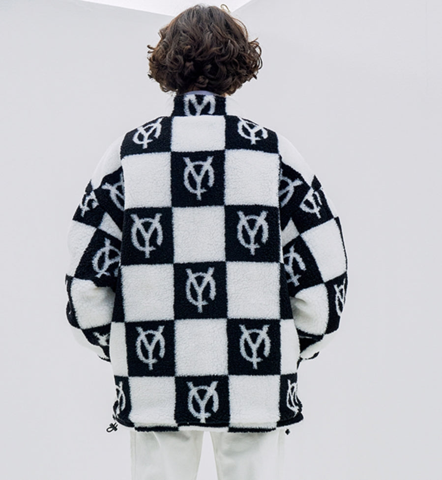 オーワイ(OY) 	CHECK LOGO FLEECE JACKET- BLACK