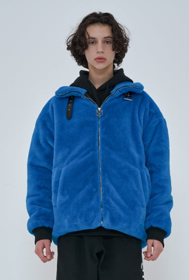 オーワイ(OY) 	BOTH ZIPPER UNBALANCE LOGO FUR JACKET-BLUE