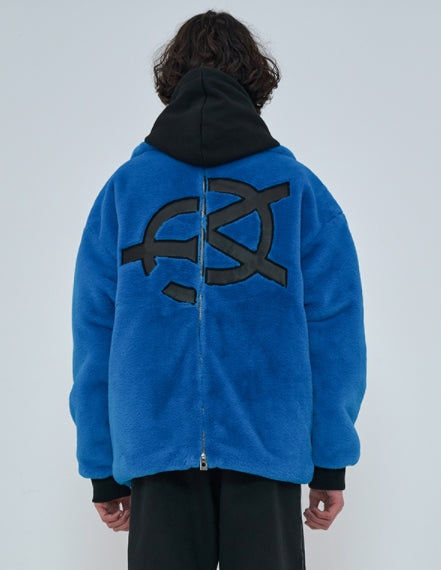 オーワイ(OY) 	BOTH ZIPPER UNBALANCE LOGO FUR JACKET-BLUE