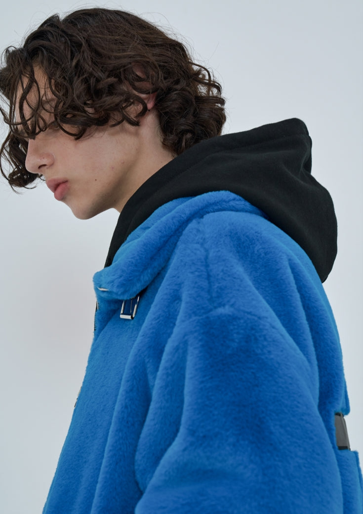 オーワイ(OY) 	BOTH ZIPPER UNBALANCE LOGO FUR JACKET-BLUE
