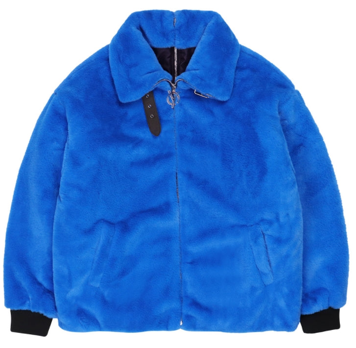 オーワイ(OY) 	BOTH ZIPPER UNBALANCE LOGO FUR JACKET-BLUE