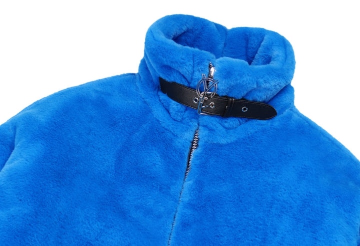 オーワイ(OY) 	BOTH ZIPPER UNBALANCE LOGO FUR JACKET-BLUE