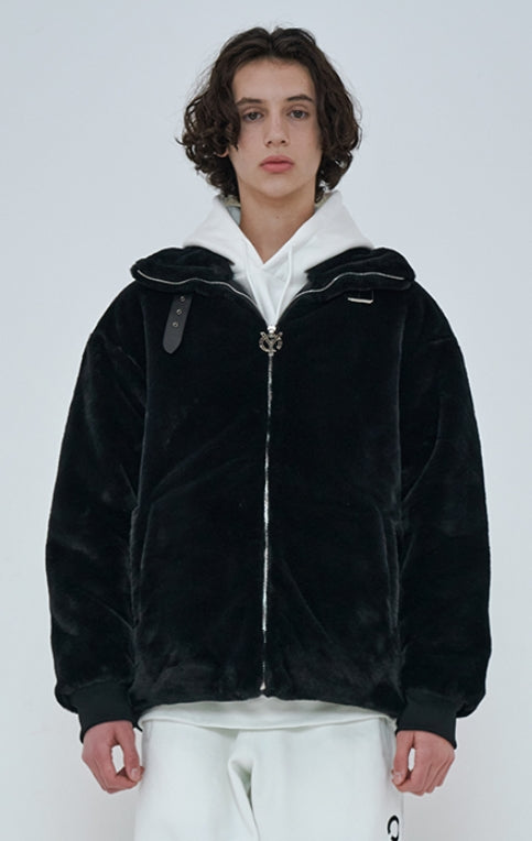 オーワイ(OY) 	BOTH ZIPPER UNBALANCE LOGO FUR JACKET-BLACK
