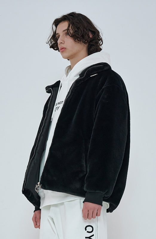 オーワイ(OY) 	BOTH ZIPPER UNBALANCE LOGO FUR JACKET-BLACK