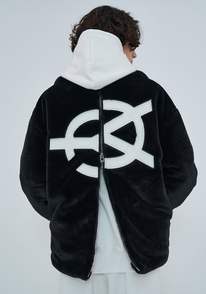 オーワイ(OY) 	BOTH ZIPPER UNBALANCE LOGO FUR JACKET-BLACK