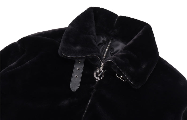 オーワイ(OY) 	BOTH ZIPPER UNBALANCE LOGO FUR JACKET-BLACK