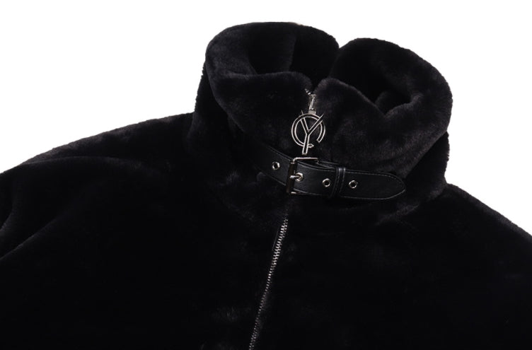 オーワイ(OY) 	BOTH ZIPPER UNBALANCE LOGO FUR JACKET-BLACK