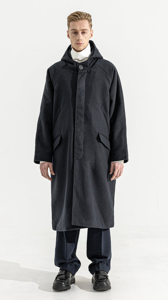 マスノウン(MASSNOUN)    HIDDEN SNAP WOOL HOODIE COAT MWZCT005-NV
