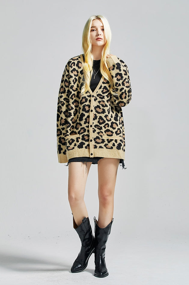 セイントペイン(SAINTPAIN)  SP Semi Over Leopard Cardigan-Beige