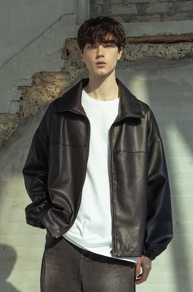 マスノウン(MASSNOUN)  VEGAN LEATHER OVER ZIP-UP JACKET MSOLJ002-BK