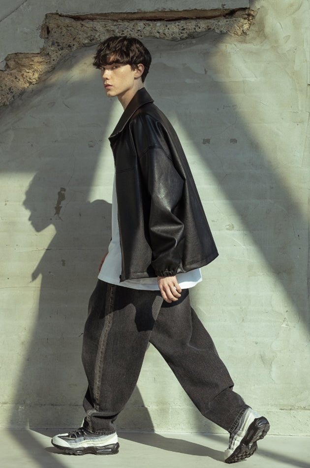 マスノウン(MASSNOUN)  VEGAN LEATHER OVER ZIP-UP JACKET MSOLJ002-BK