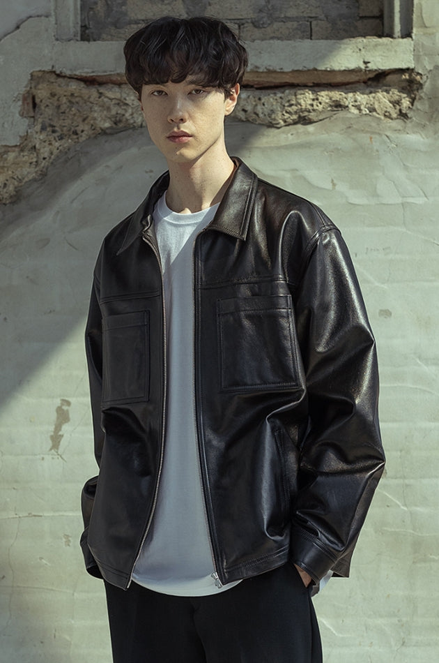 マスノウン(MASSNOUN)  LAMBSKIN OVERSIZED POCKET JACKET MSOLJ003-BK