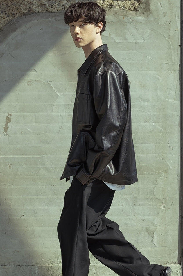 マスノウン(MASSNOUN)  LAMBSKIN OVERSIZED POCKET JACKET MSOLJ003-BK
