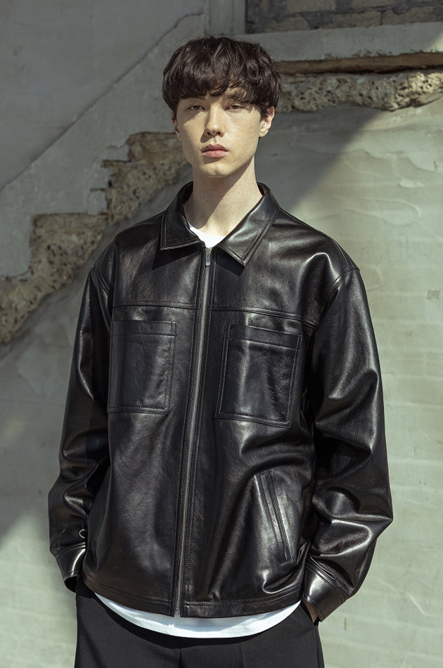 マスノウン(MASSNOUN)  LAMBSKIN OVERSIZED POCKET JACKET MSOLJ003-BK