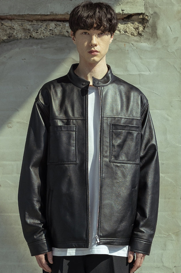 マスノウン(MASSNOUN)  LAMBSKIN OVERSIZED STANDCOLLAR JACKET MSOLJ004-BK
